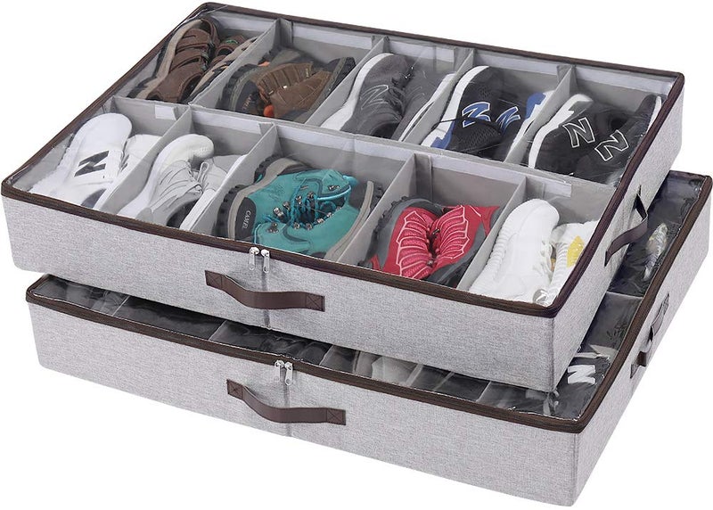 HOONEX Under Bed Shoe Storage Organizer with Adjustable Dividers, Shoe Holder with Leather Handles, 2 Pack, Store 24 Pairs, Grey - Image 1